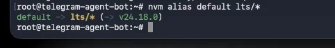 Последняя команда: Node.js v24 назначен версией по умолчанию — среда готова.