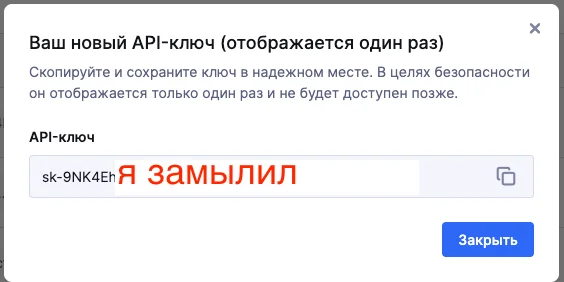 Ключ показывается один раз — сразу скопируй и сохрани в заметках (здесь он замылен).