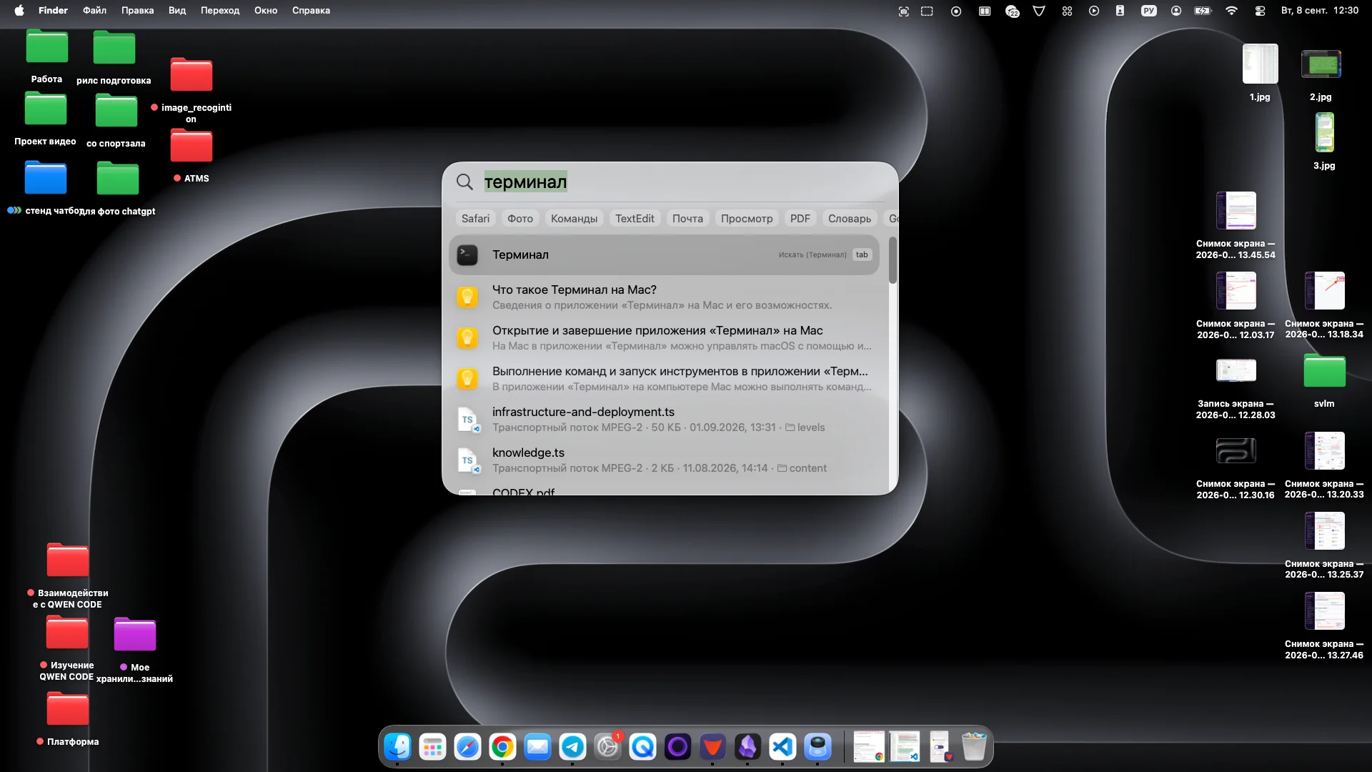 Поиск в macOS — нажимаем на лупу в правом верхнем углу, вписываем «терминал» и открываем приложение «Терминал».